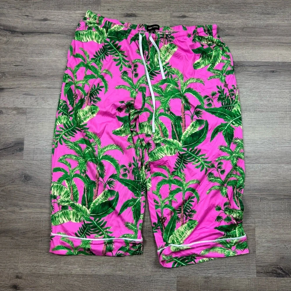 Room Service PJ Pajama Set Pink & Green Palm XXL Cozy Soft Loungewear Tropical - Picture 10 of 12